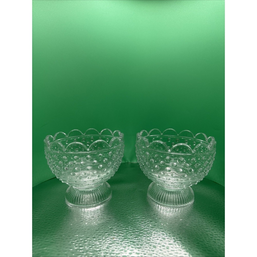 2 Vintage Clear Glass Hobnail Footed  Ice Cream Bowl With Scalloped Rim.
